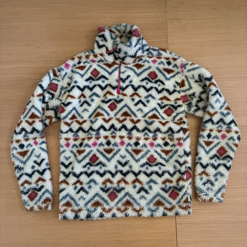 Eddie Bauer Women's Size XS 1/4 Zip Faux Fur Pullover Aztec Design Fuzzy Sweater
